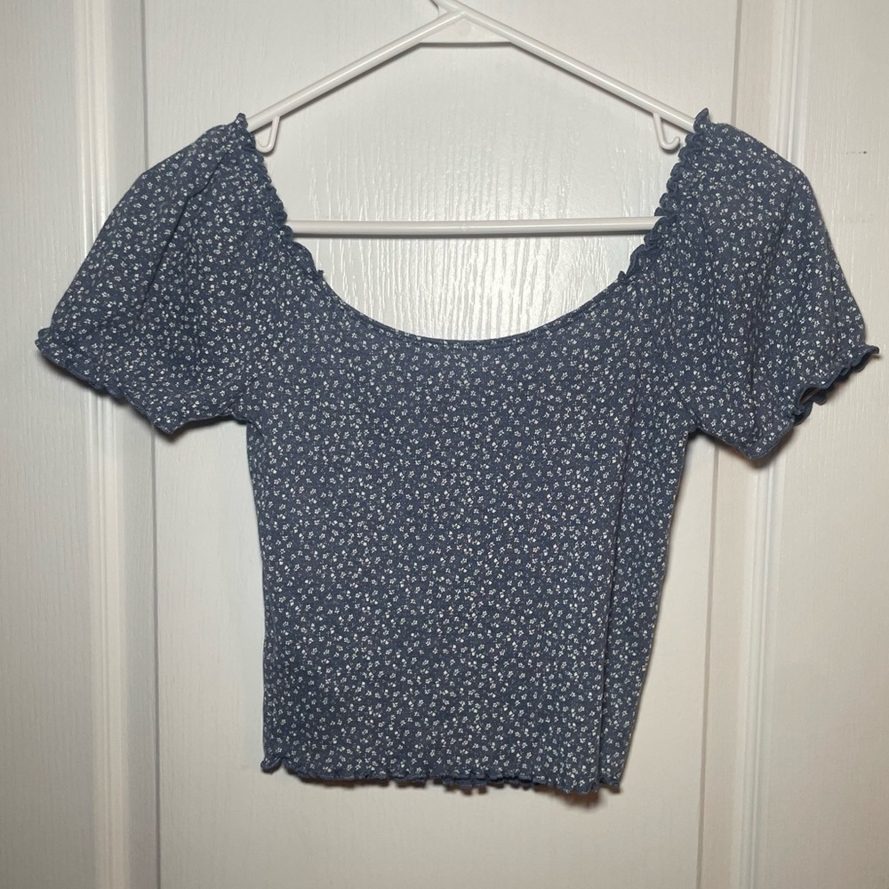 American Eagle Cropped Blue Floral Puff Sleeve Top Size XS - Picture 2 of 5